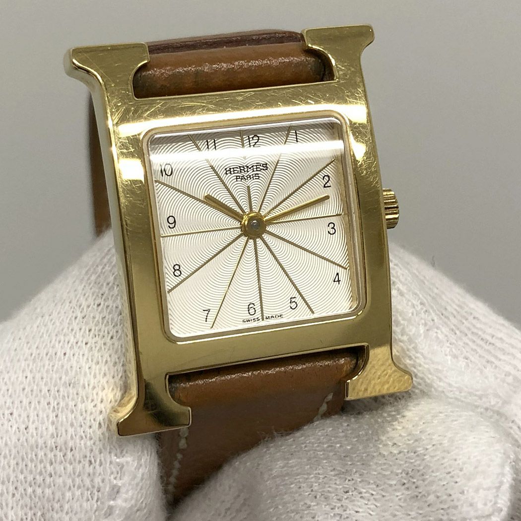 HERMES□Hウォッチ HH1.201 電池交換済み □B刻印 クォーツ ゴールド