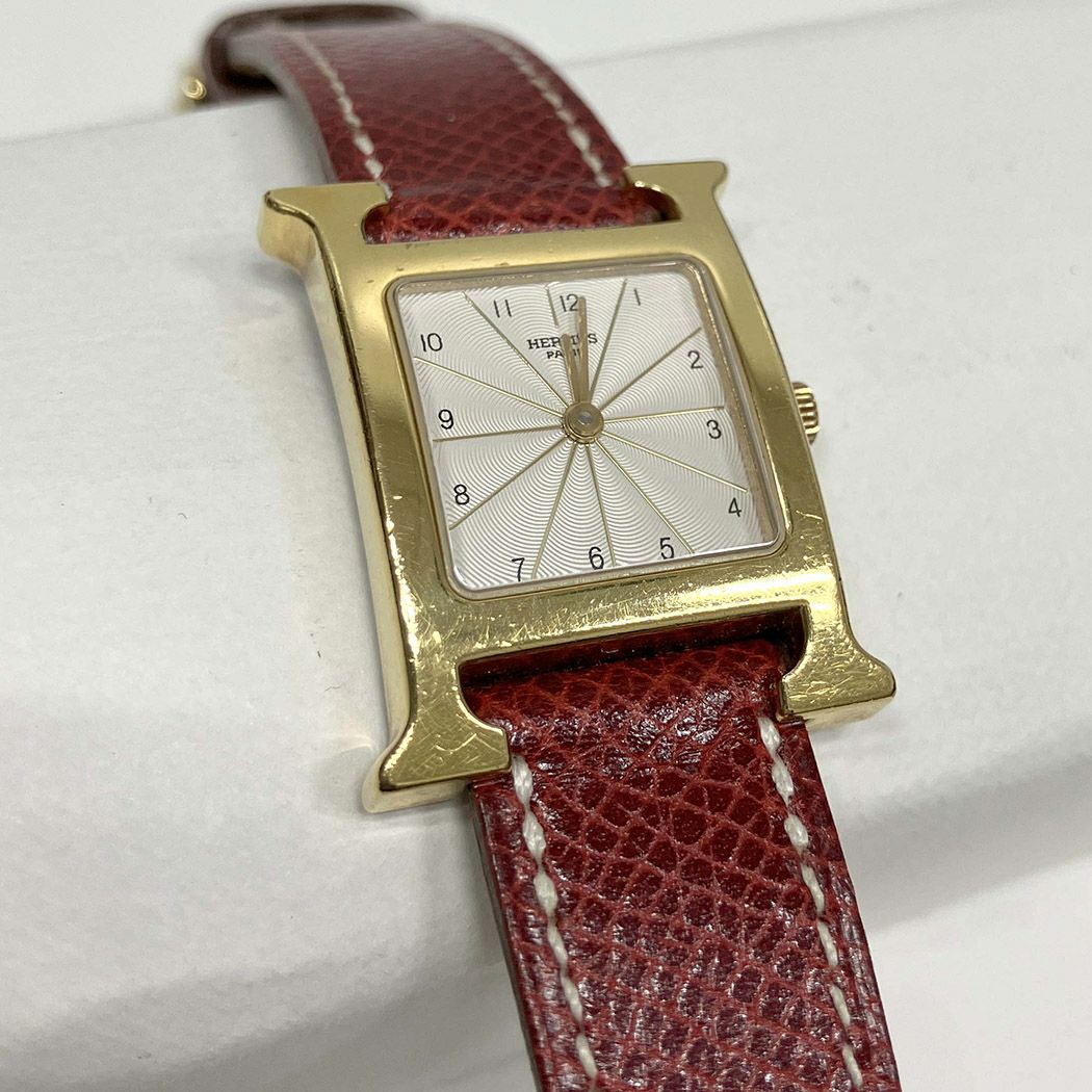HERMES Hウォッチ HH1.201 クォーツ 電池交換済み ゴールド金具 赤