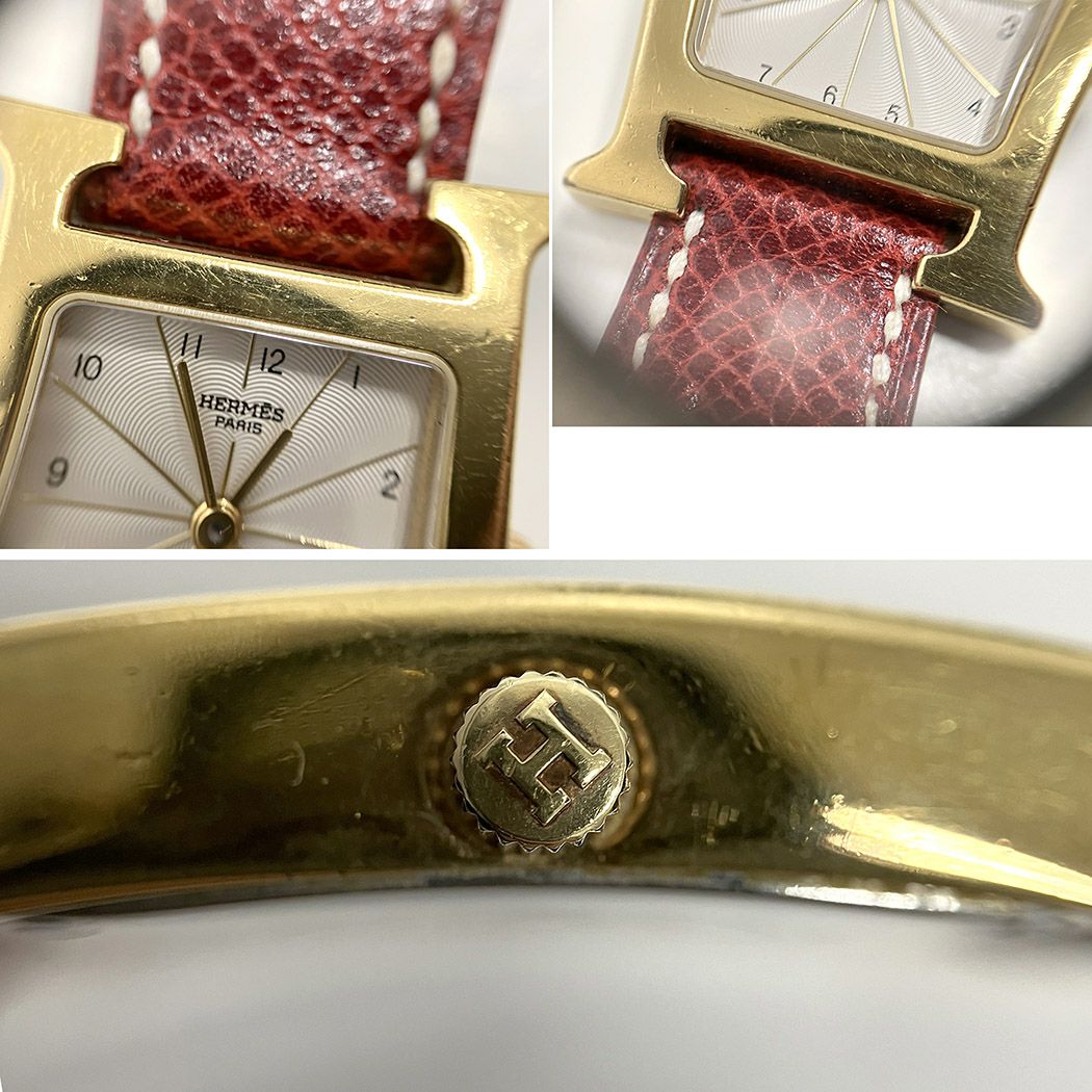 HERMES Hウォッチ HH1.201 クォーツ 電池交換済み ゴールド金具 赤
