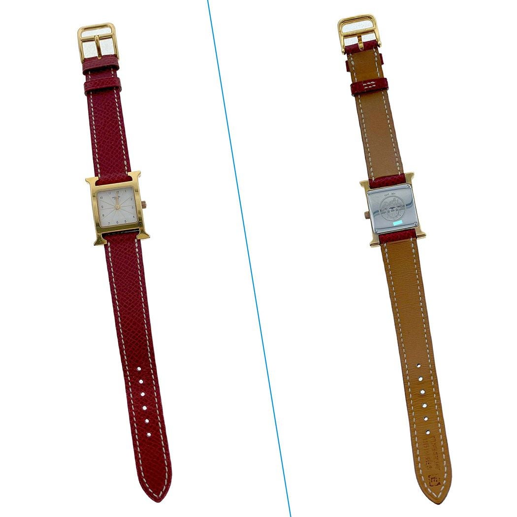 HERMES Hウォッチ HH1.201 クォーツ 電池交換済み ゴールド金具 赤