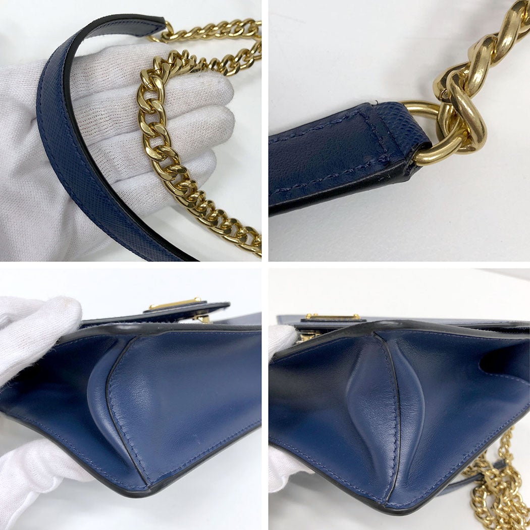 PRADA チェーンショルダーバッグ 1BD200 サフィアーノ ブルー ゴールド