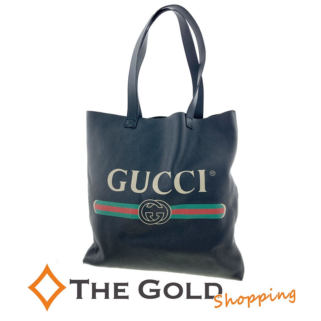 GUCCI プリントレザートート 572768 レザー ブラック ハンドバッグ