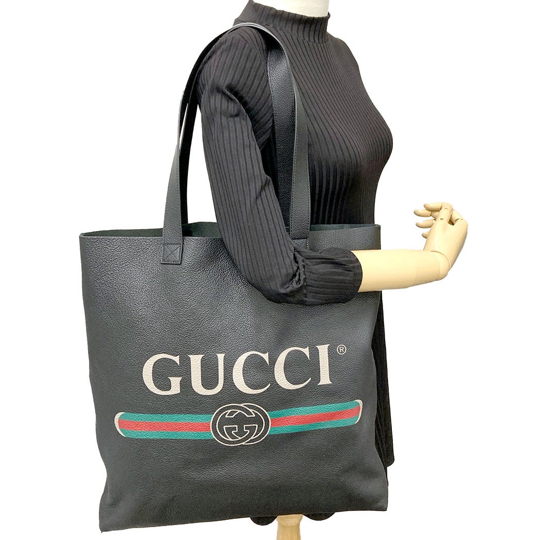 GUCCI プリントレザートート 572768 レザー ブラック ハンドバッグ