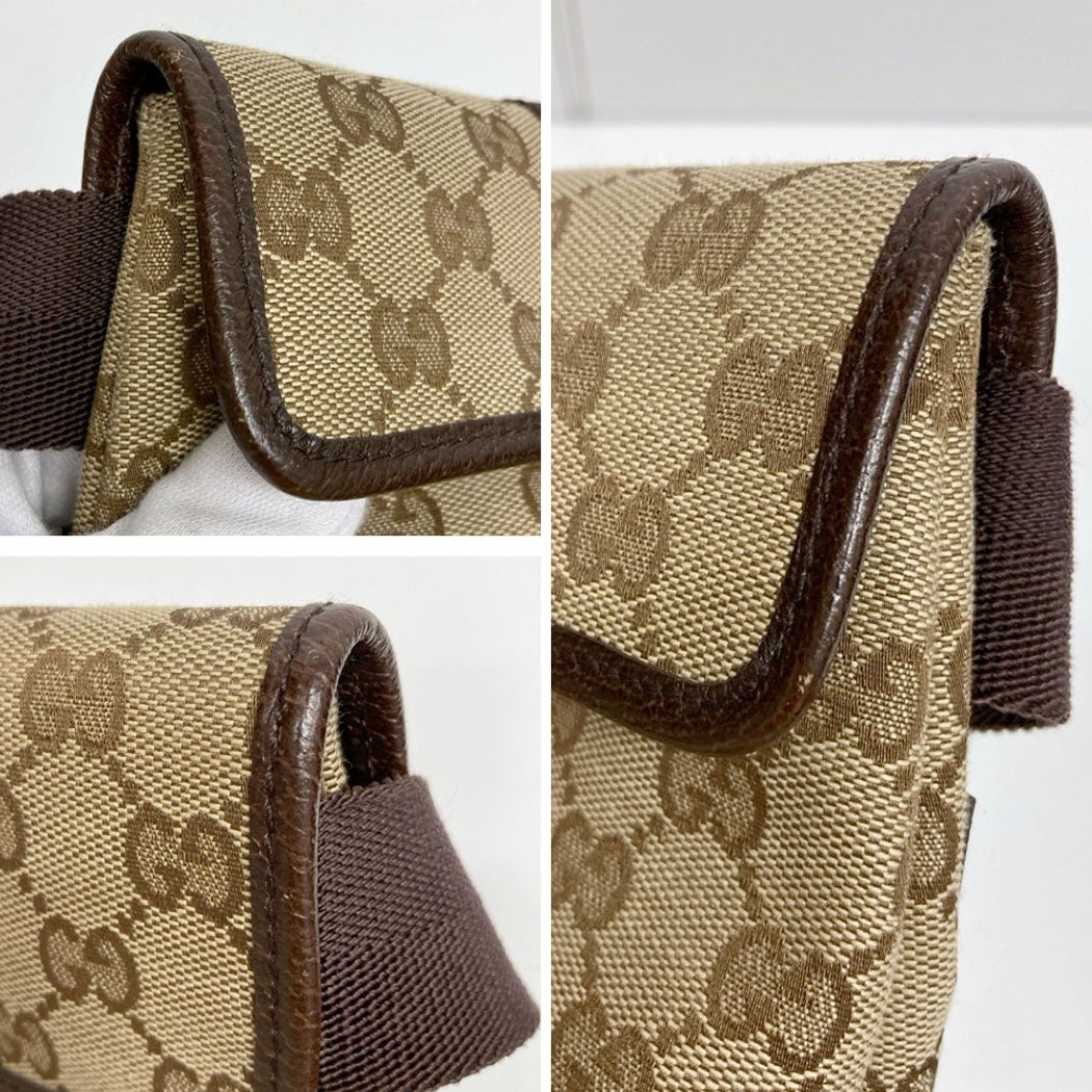 GUCCI　ウエストポーチ　GG柄　ダークブラウン　キャンバス　レザー　シルバー GUCCI ウエストバッグ 131236 GGキャンバス ブラウン ミニ ウエスト