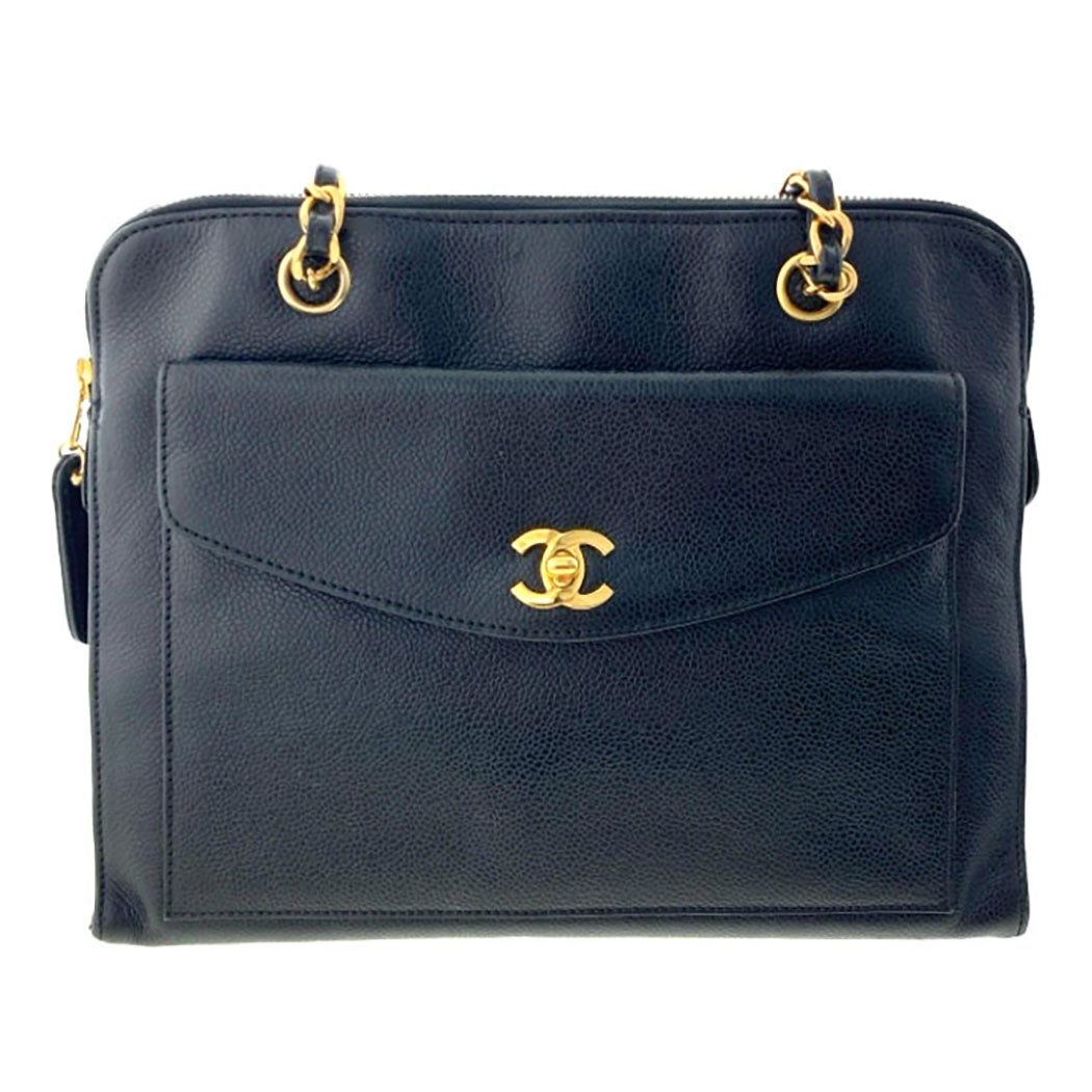 CHANEL チェーントートバッグ キャビアスキン ブラック ゴールド金具