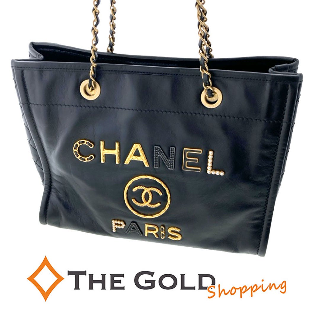 CHANEL ドーヴィルMM チェーントートバッグ レザー ブラック ゴールド