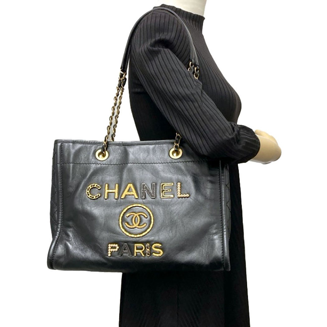 CHANEL ドーヴィルMM チェーントートバッグ レザー ブラック ゴールド