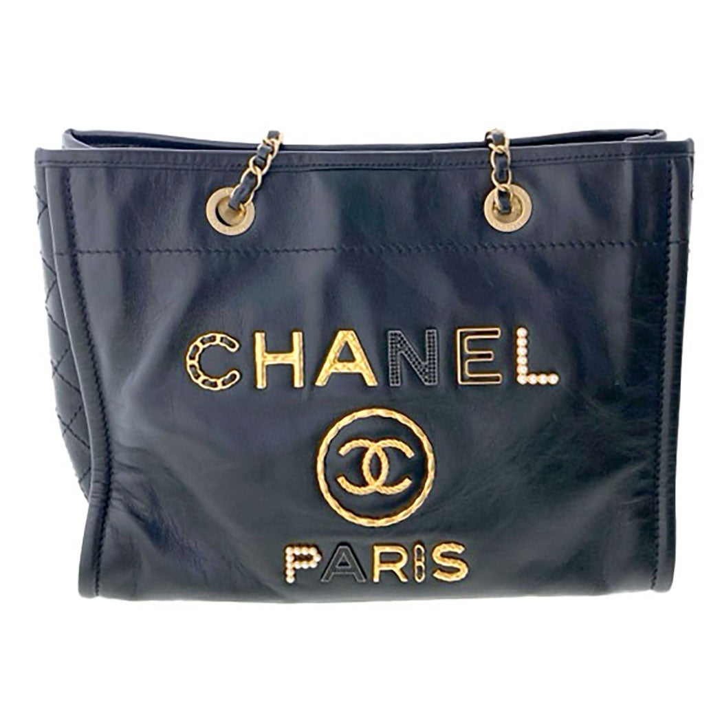 CHANEL ドーヴィルMM チェーントートバッグ レザー ブラック ゴールド