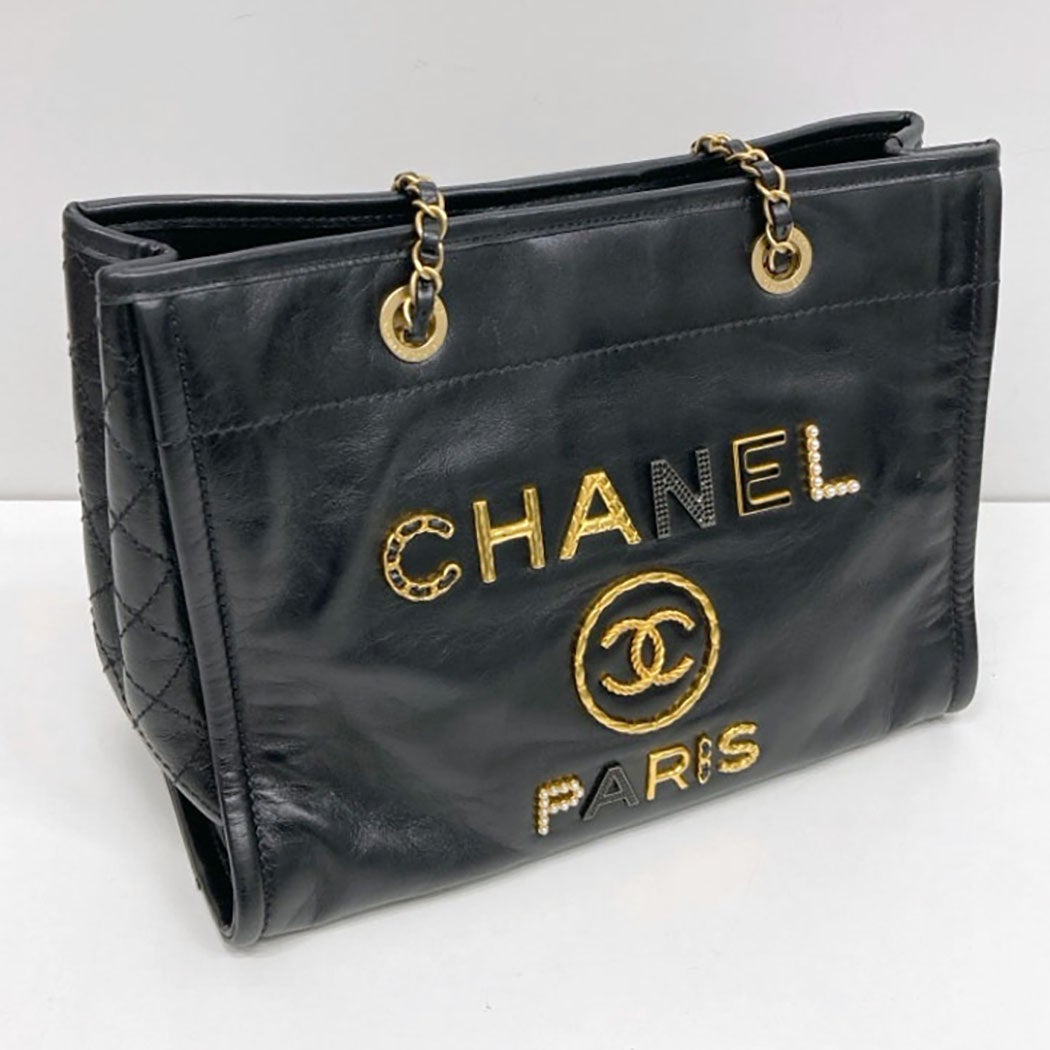 CHANEL ドーヴィルMM チェーントートバッグ レザー ブラック ゴールド