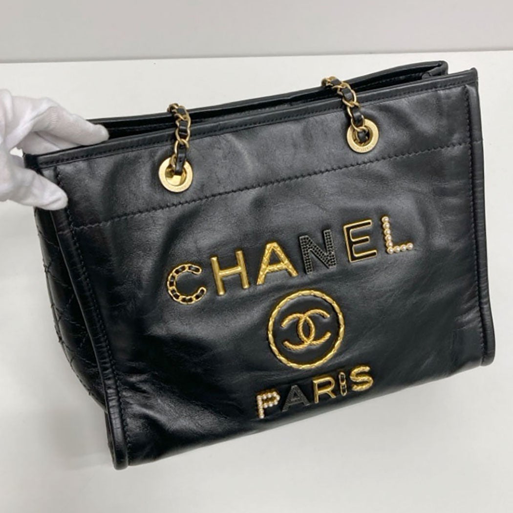 CHANEL ドーヴィルMM チェーントートバッグ レザー ブラック ゴールド