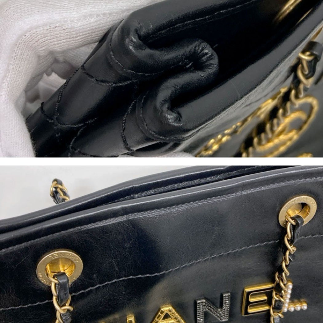 CHANEL ドーヴィルMM チェーントートバッグ レザー ブラック ゴールド