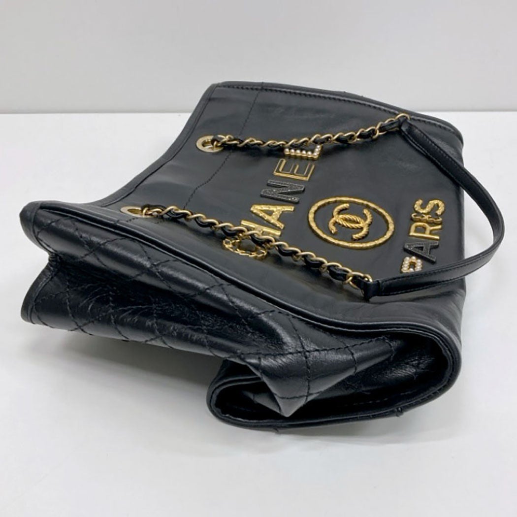 CHANEL ドーヴィルMM チェーントートバッグ レザー ブラック ゴールド