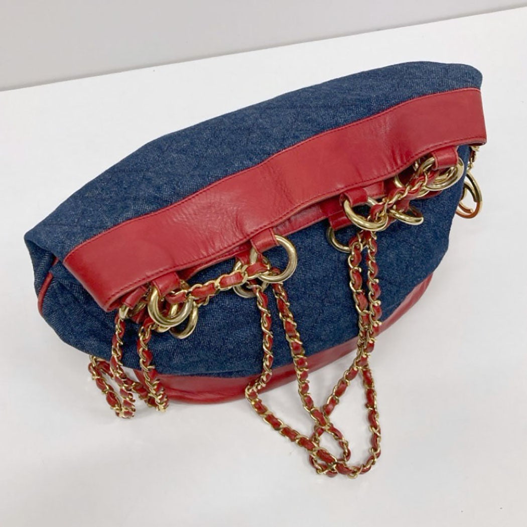 CHANEL 巾着ショルダーバッグ デニム ラムスキン ブルー レッド