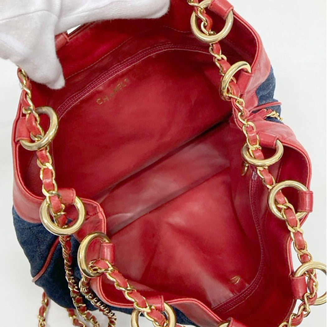 CHANEL 巾着ショルダーバッグ デニム ラムスキン ブルー レッド