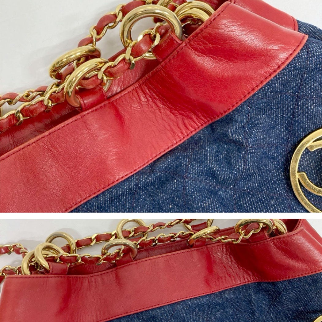 CHANEL 巾着ショルダーバッグ デニム ラムスキン ブルー レッド