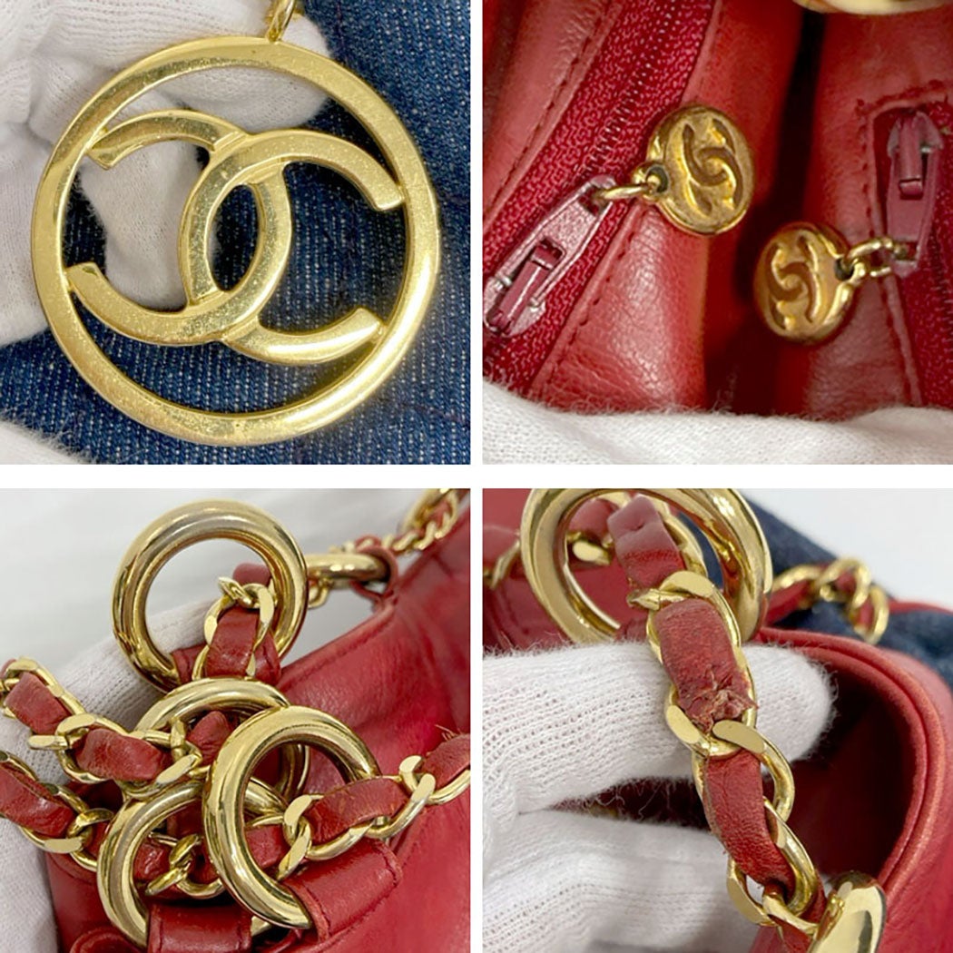 CHANEL 巾着ショルダーバッグ デニム ラムスキン ブルー レッド