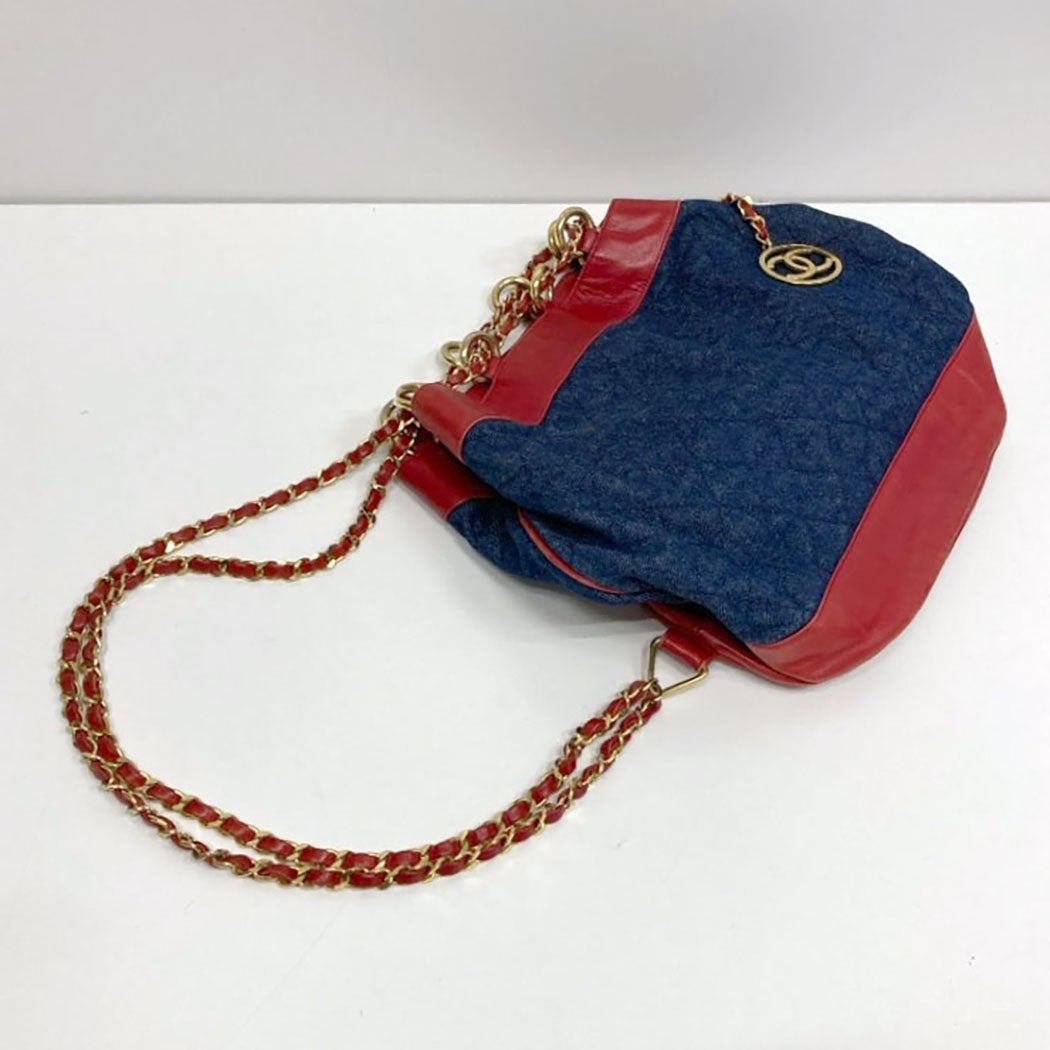 CHANEL 巾着ショルダーバッグ デニム ラムスキン ブルー レッド