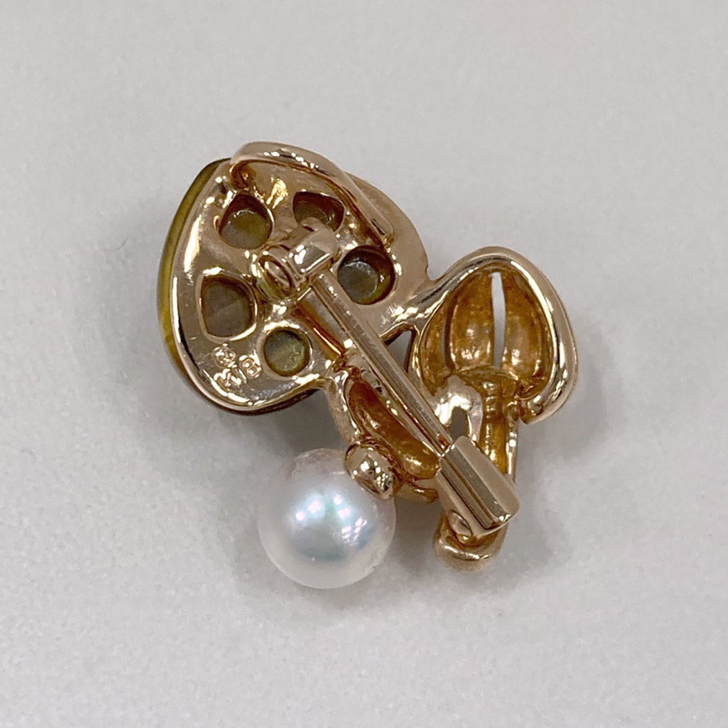 MIKIMOTO キノコ ピンブローチ K18 PG ベビーパール タイガーアイ