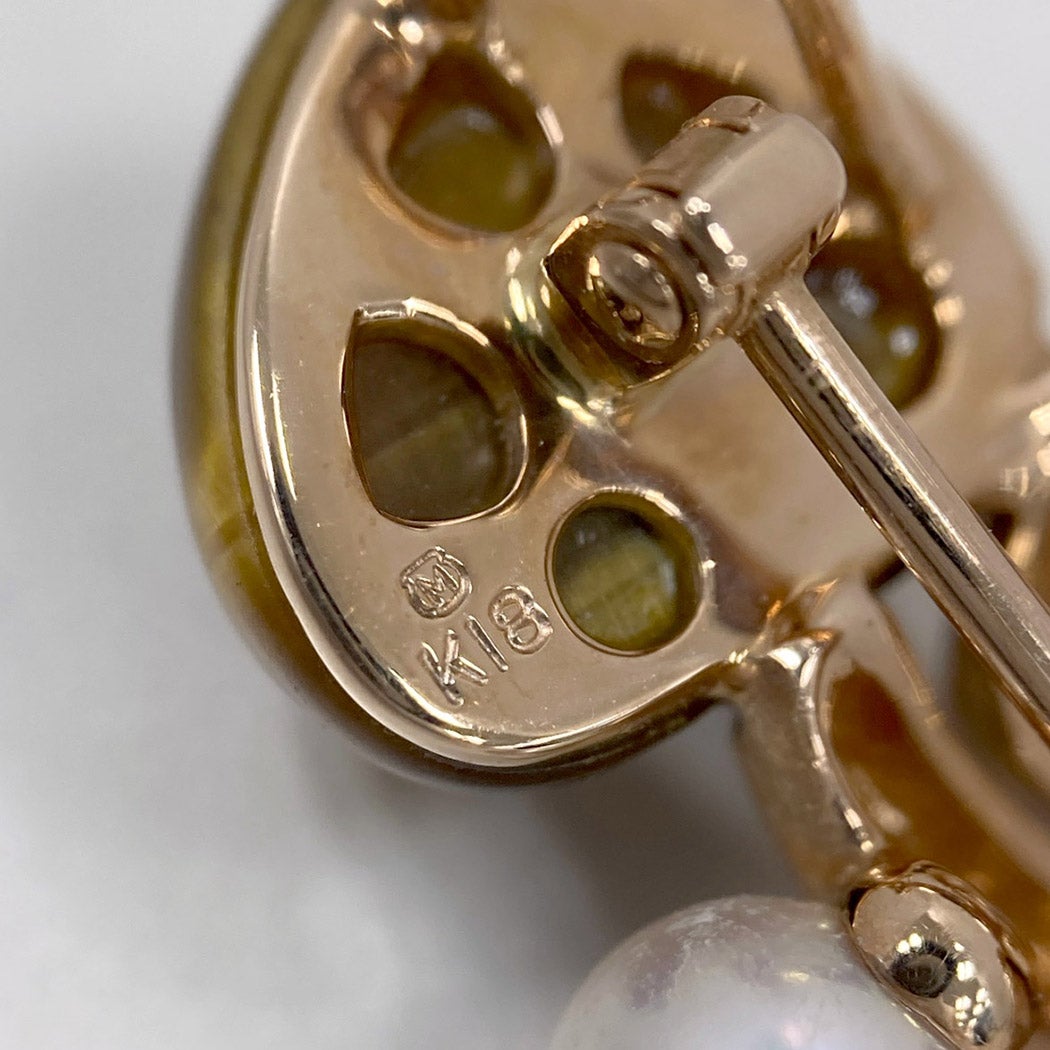 MIKIMOTO キノコ ピンブローチ K18 PG ベビーパール タイガーアイ