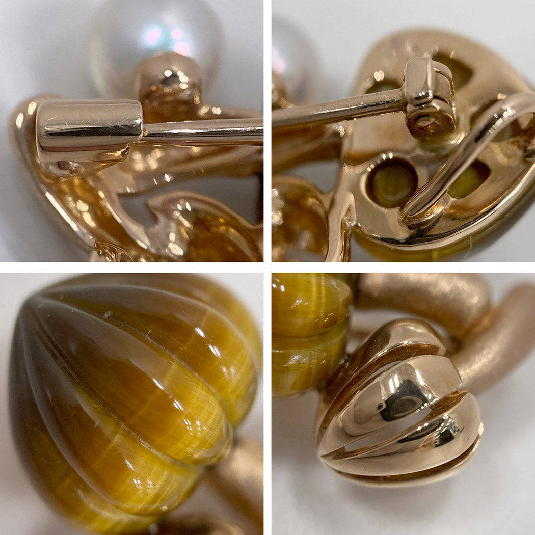 MIKIMOTO キノコ ピンブローチ K18 PG ベビーパール タイガーアイ