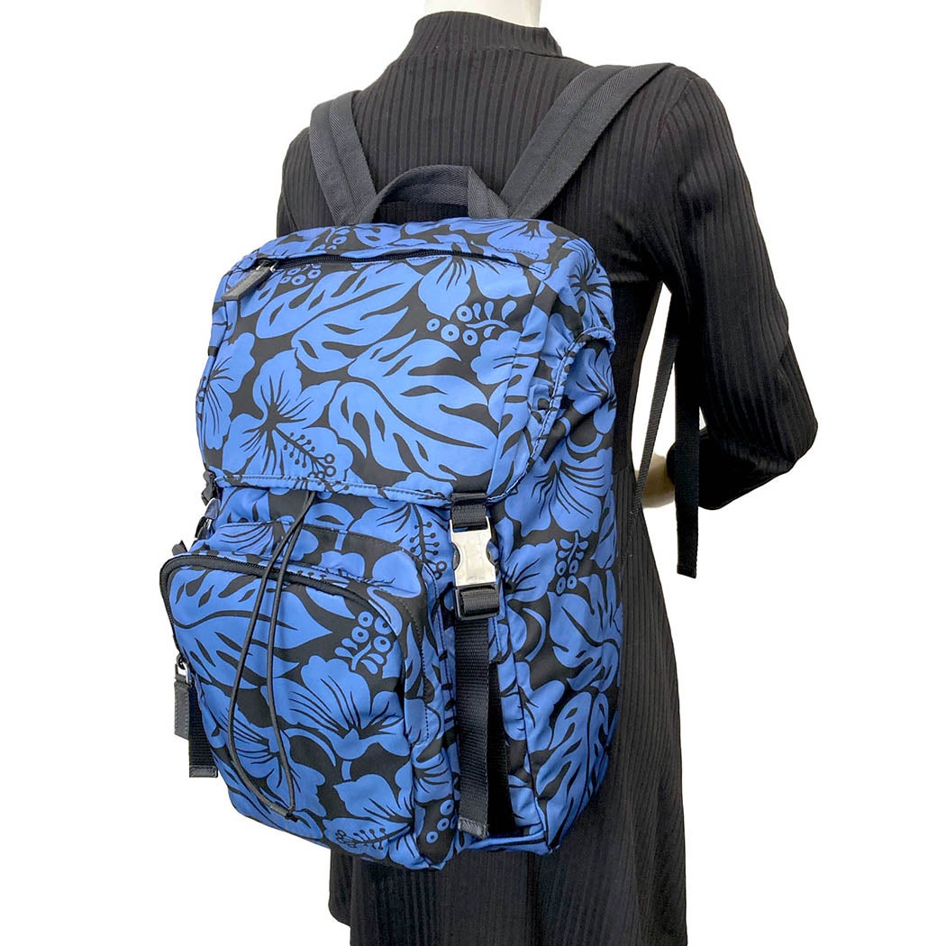 PRADA ハイビスカス柄 バックパック V135 ナイロン ブルー ブラック